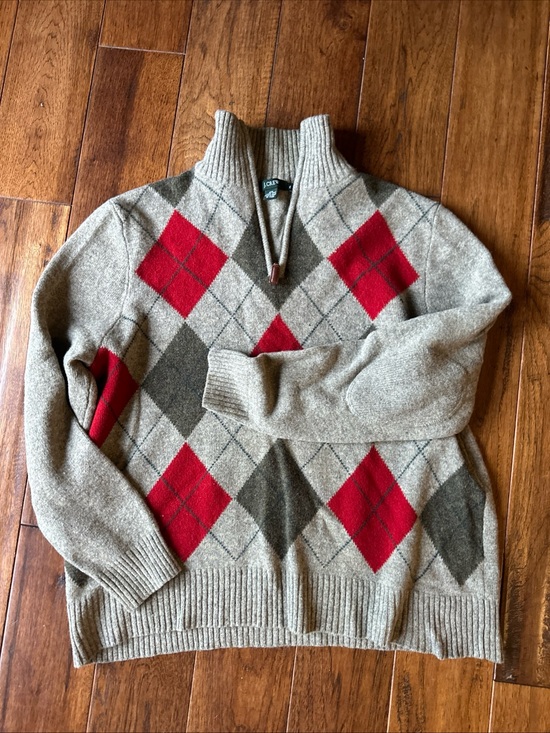 J. Crew Other - J Crew Sweater Mens XL Red green Argyle Lambs Wool 1/4 Zip Elbow Patches